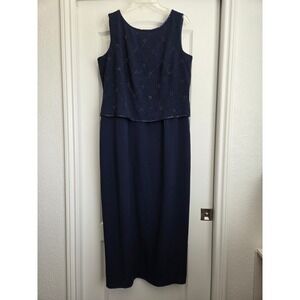 Marcelle Couture Beaded Sleeveless Evening‎ Gown Navy Blue 18 Formal Wedding
